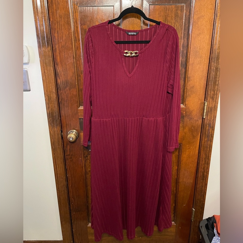 BloomChic Burgundy Long Sleeve Dress with Gold Detail